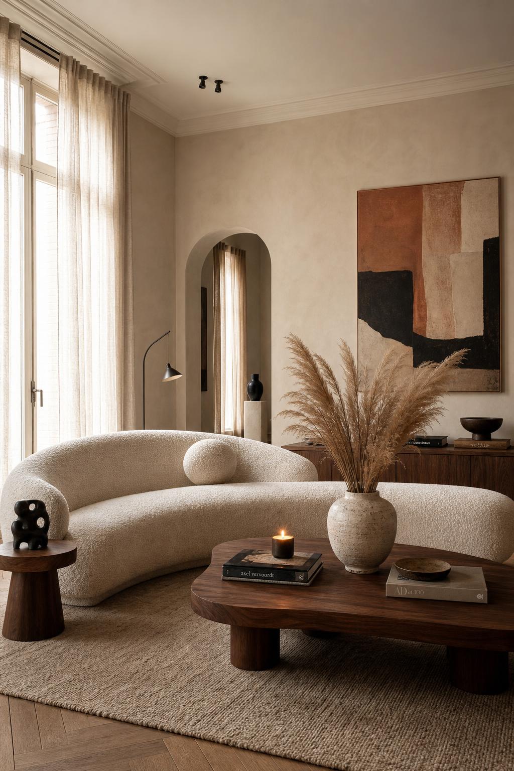 Lichte woonkamer met curve sofa, wollen tapijt en sculpturale bijzettafel